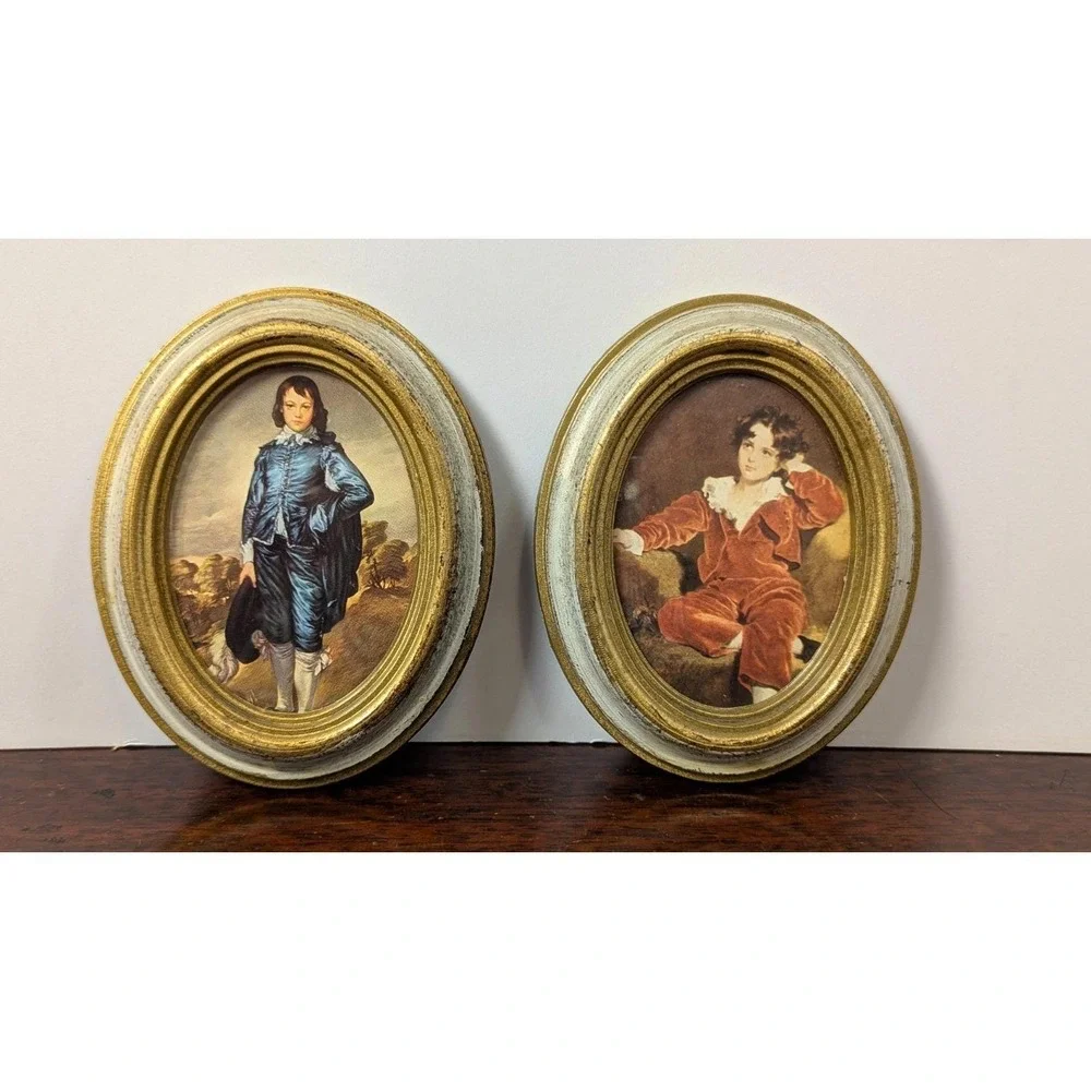 Vintage Hollywood Regency Italian Oval Frames Blue Boy Red Boy Wall Art Pair